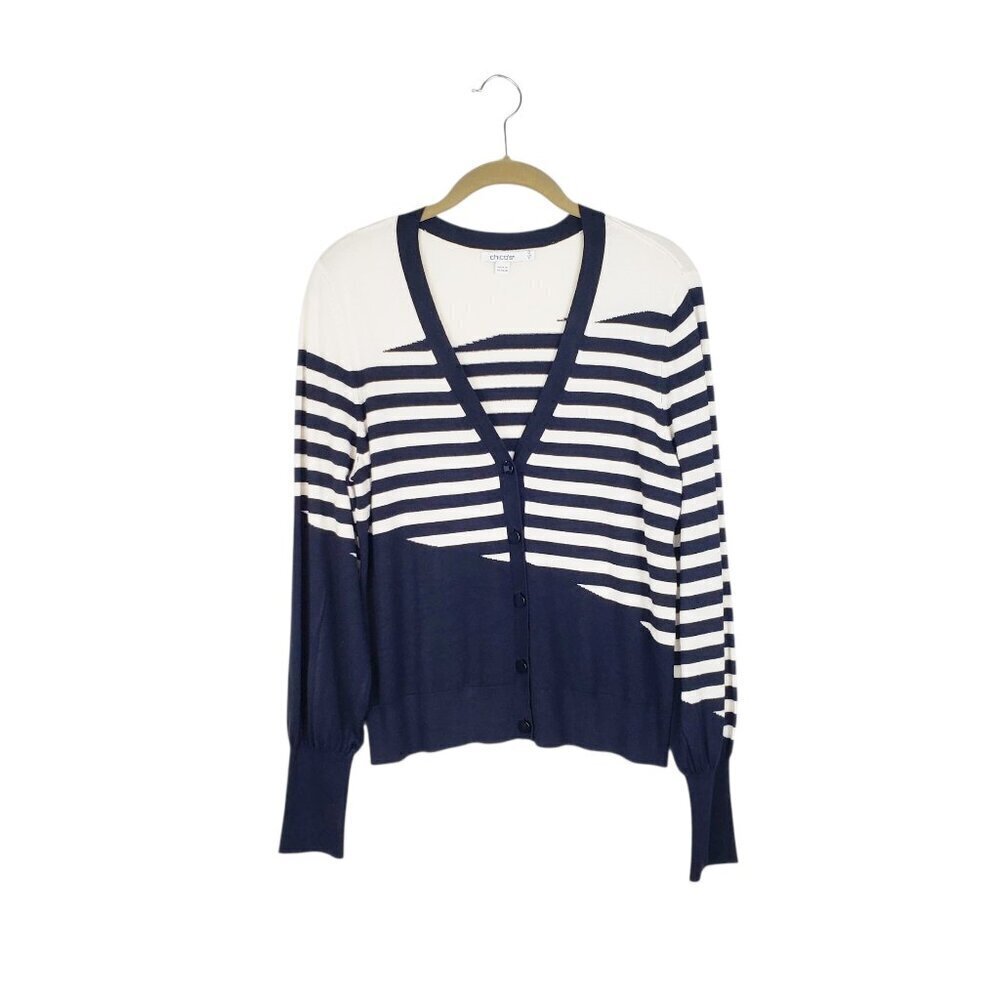 Chicos Mixed Stripe Cardigan Sweater Navy Cream V-Neck Size 0 US Size Small